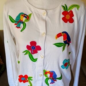 Emma Tricot Vintage Colorful Embroidered Toucan Long Sleeve Cotton Top M/L